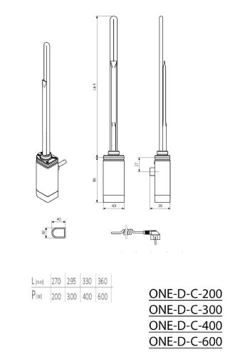ONE D grzałka elektryczna z termostatem, chrom 600W ONE-D-C-600 - rysunek