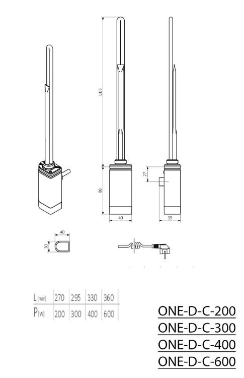 ONE D grzałka elektryczna z termostatem, chrom 600W ONE-D-C-600 - rysunek