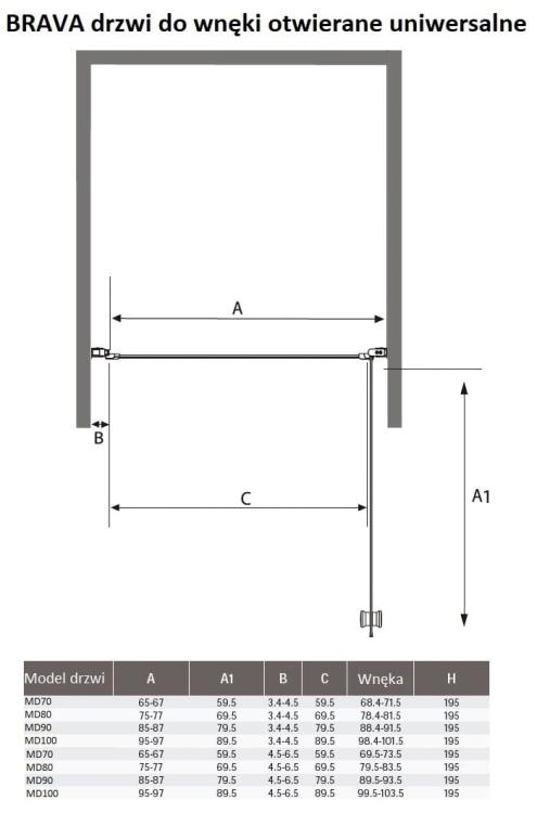 BRAVA Drzwi prysznicowe do wnęki skrzydłowe 100x195 cm MD100 wymiary