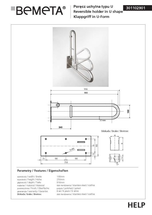 Poręcz łazienkowa uchylna typu U 90 cm stal nierdzewna 301102901 wymiary