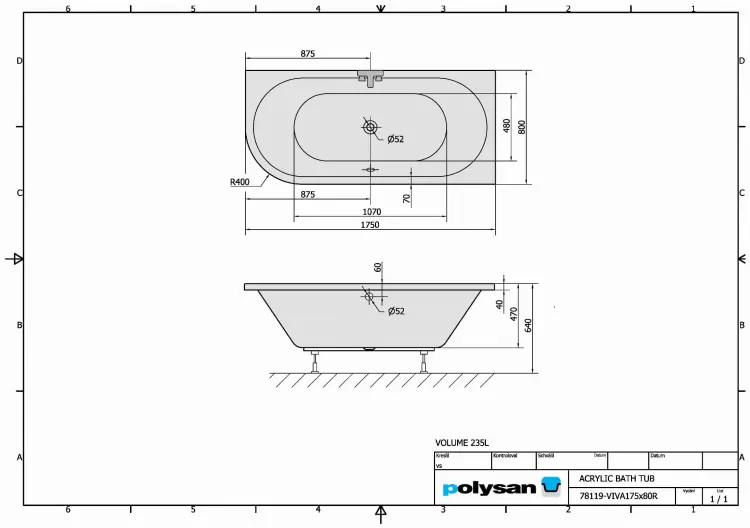VIVA Wanna akrylowa prostokątna 175x80 cm (prawa) 78119, rysunek techniczny