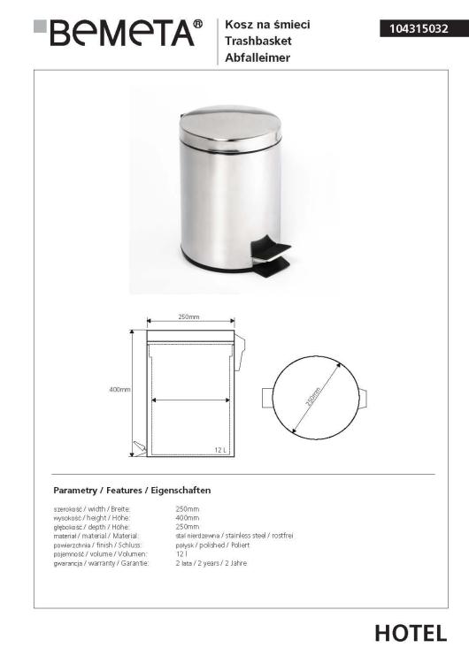 Kosz na śmieci 12l, stojący, połysk 104315032, wymiary