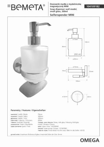 OMEGA Dozownik do mydła 200 ml MINI z mydelniczką magnetyczną 104109182, wymiary