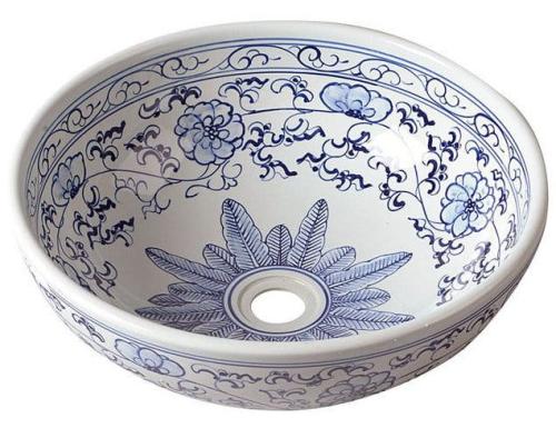 PRIORI Umywalka ceramiczna nablatowa, okrągła 42x15 cm, biała z niebieskim wzorem PI012