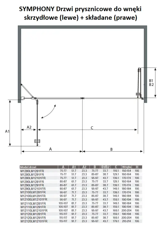 SYMPHONY Drzwi prysznicowe do wnęki skrzydłowo-składane 170x195 cm M1290LM1291FR