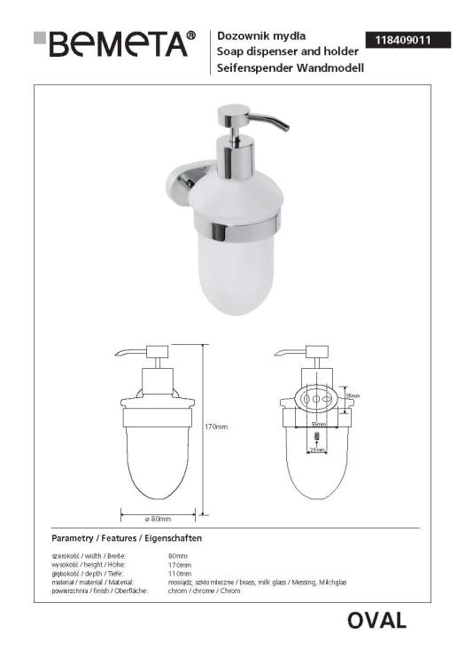OVAL Dozownik do mydła 200 ml 118409011, wymiary