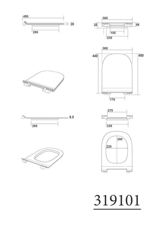 FLO Deska WC SLIM Soft Close, zawiasy chrom 3191 - rysunek techniczny