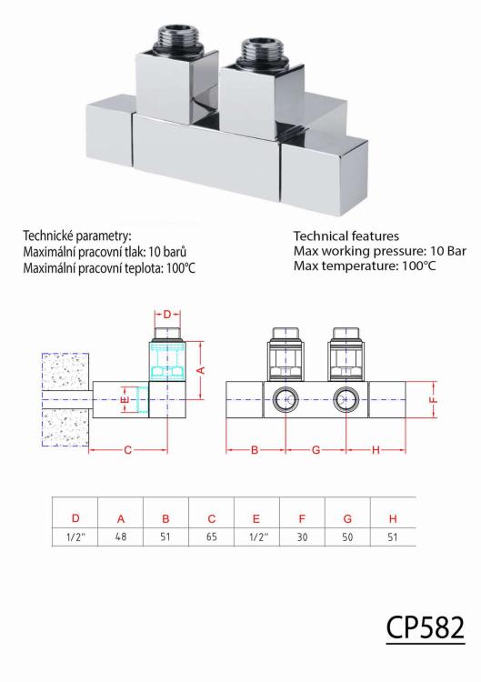 CUBE TWIN Przyłącze grzejnikowe 1/2", prawe, kątowe, nierdz. szczotk. CP582S - rysunek techniczny