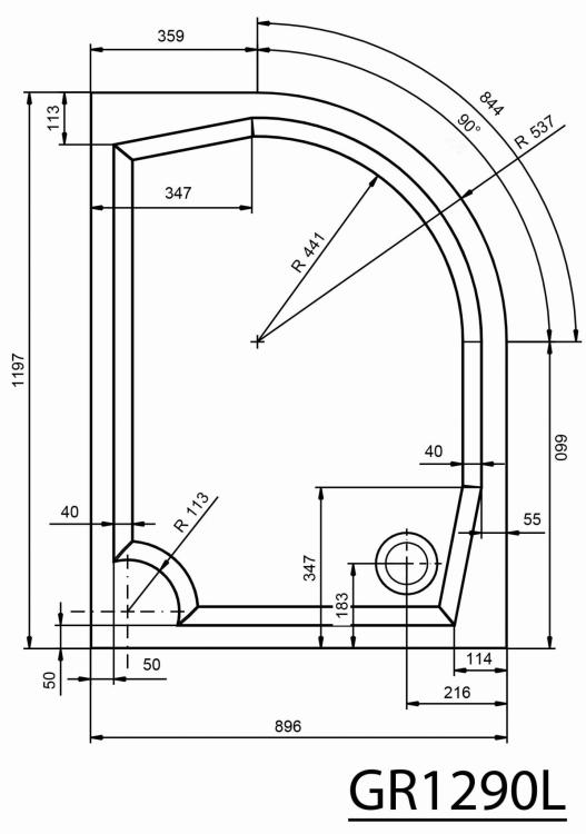 Brodzik kompozytowy półokrągły lewy R55 120x90 cm GR12090L rysunek techniczny