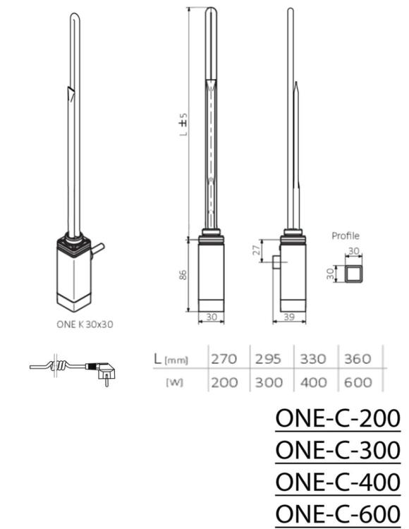 ONE Grzałka elektryczna z termostatem, chrom 300W ONE-C-300 - rysunek