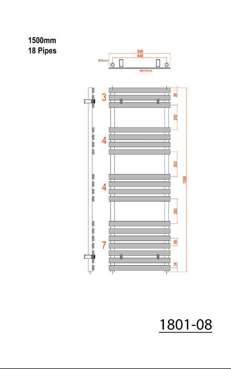 JALOUSI Grzejnik łazienkowy biały 765 W 500x1500 mm 1801-08 - rysunek techniczny