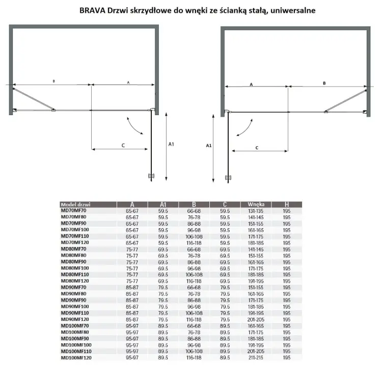 BRAVA Drzwi prysznicowe do wnęki skrzydłowe 150x195 cm MD90MF70 wymiary