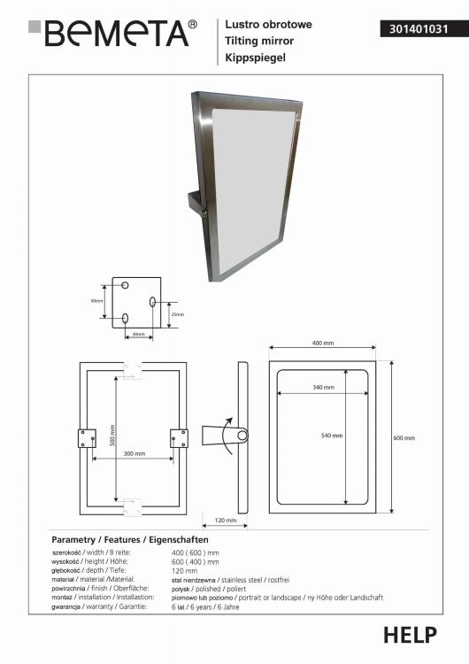 Lustro obrotowe 40x60 cm, rama ze stali nierdzewnej 301401031,wymiary