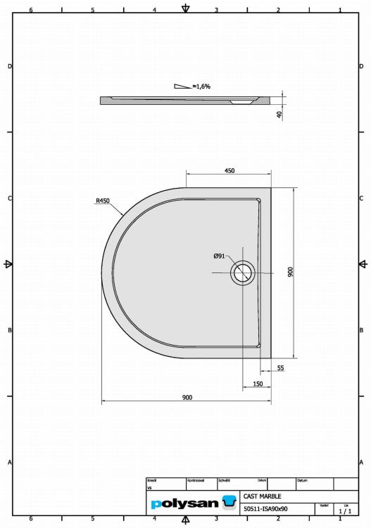 ISA Brodzik kompozytowy półokrągły R55 90x90 cm 50511 - rysunek techniczny