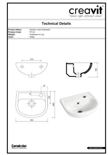 OVAL Umywalka mała 35x29 cm TP135 wymiary