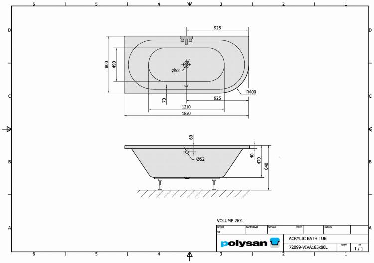 VIVA Wanna akrylowa prostokątna 185x80 cm (lewa) 72099, rysunek techniczny
