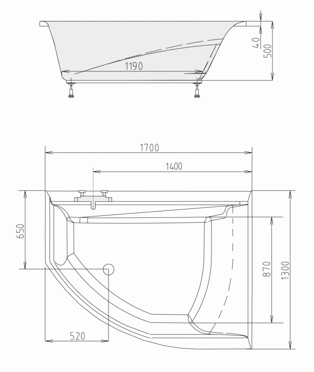 TANDEM Wanna akrylowa asymetryczna 170x130 cm (prawa) 97611 rysunek techniczny