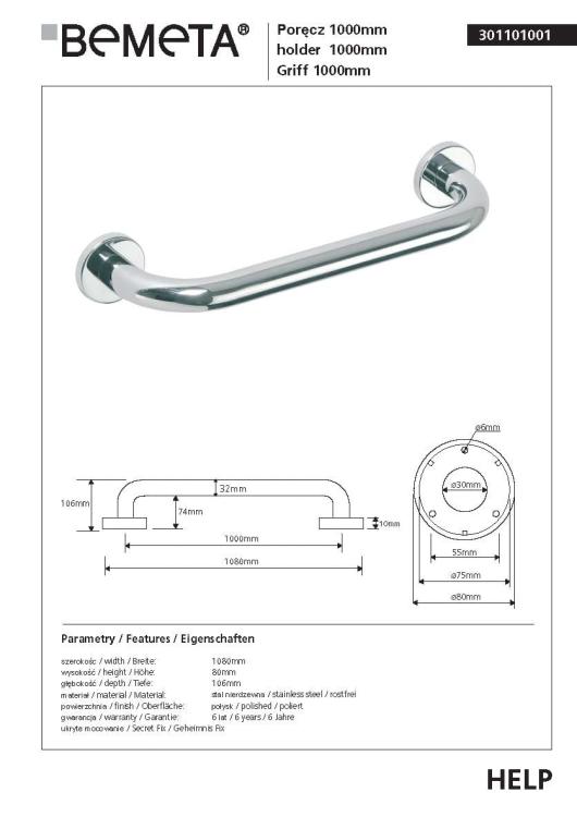 HELP Poręcz prosta 100 cm stal nierdzewna 301101001, karta produktu