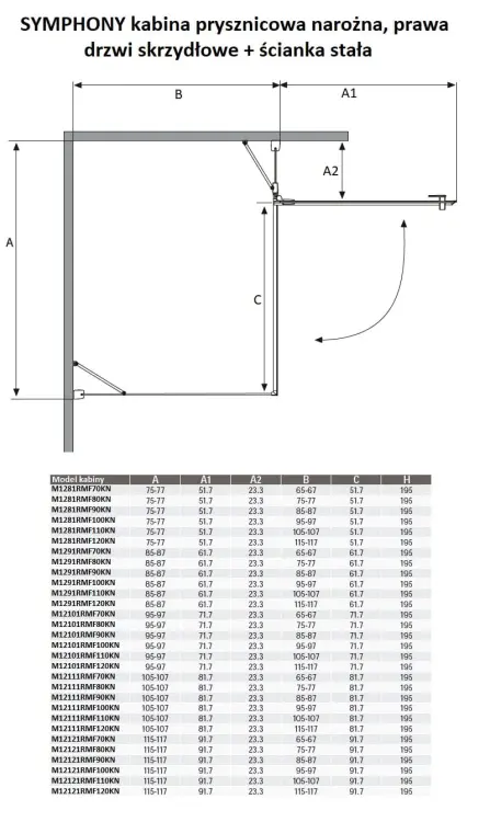 SYMPHONY kabina, drzwi skrzydłowe, ścianka stała prawa - tabela + rysunek techniczny