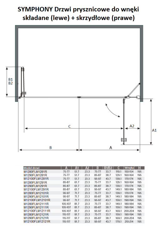 SYMPHONY Drzwi prysznicowe do wnęki skrzydłowo-składane 190x195 cm M12111RM1290FL wymiary