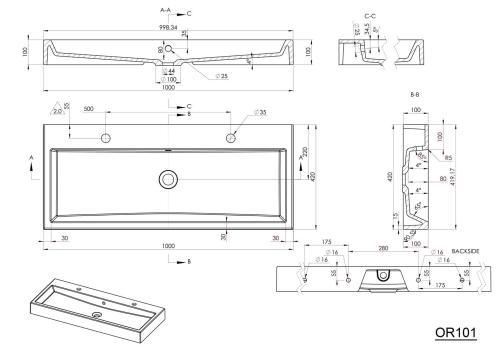 ORINOKO Umywalka kompozytowa 100x42 cm, z dwoma otworami pod baterię OR101 - rysunek techniczny