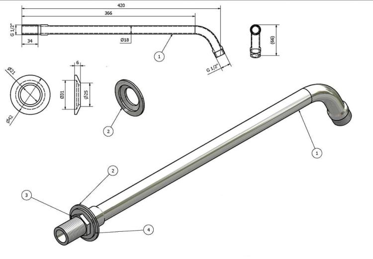Ramię deszczowni ścienne 35 cm T04 wymiary