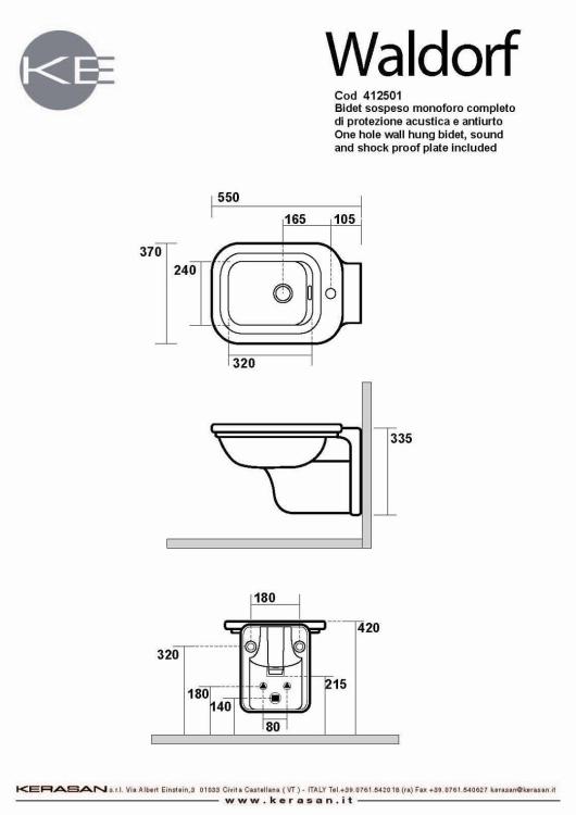 WALDORF Bidet ceramiczny podwieszany z otworem na baterię 4125K1 wymiary