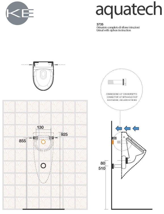 AQUATECH Pisuar ceramiczny 21x53,5x30 cm 373501 schemat montażu