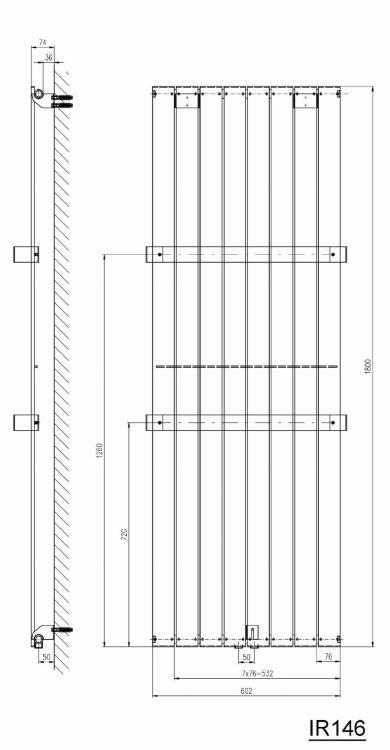 COLONNA Grzejnik łazienkowy dekoracyjny metaliczny srebrny 1205 W 602x1800 mm IR146  - rysunek techniczny