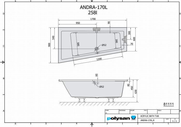 ANDRA Wanna akrylowa asymetryczna 170x90 cm (lewa) 81111 rysunek techniczny