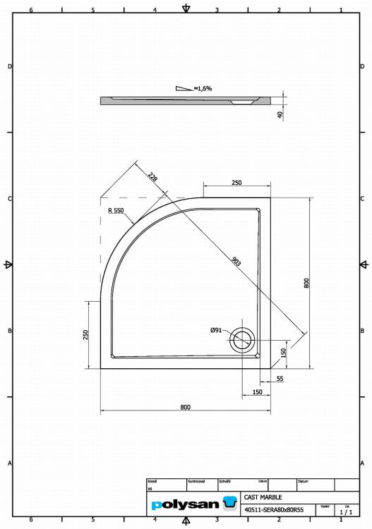 SERA Brodzik kompozytowy półokrągły R55 80x80 cm 40511 - rysunek techniczny