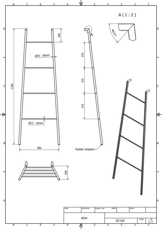 SEGA Wieszak na ręczniki, drabinka 170 cm, czarny mat SE104 - rysunek techniczny