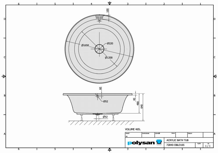 OBLO Wanna akrylowa okrągła 165 cm 72840 - rysunek techniczny