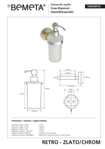 RETRO Dozownik do mydła 300 ml chrom-złoto 144209018, wymiary