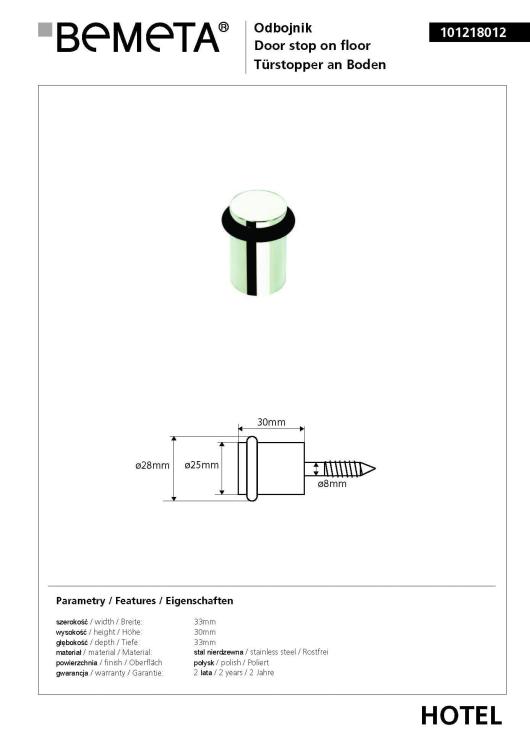 Odbojnik drzwiowy podłogowy, chromowany, połysk 101218012, wymiary
