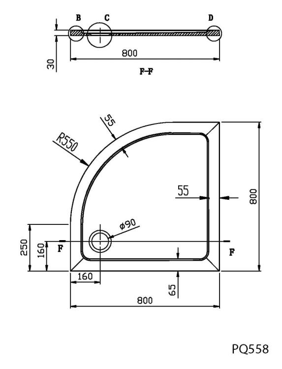 Brodzik kompozytowy półokrągły R55 80x80x3 cm PQ558 - rysunek techniczny