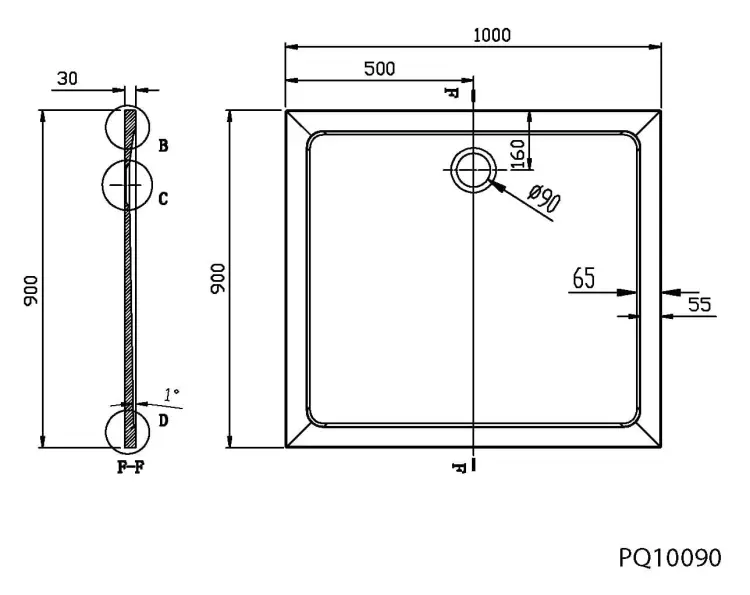 TECMI Brodzik kompozytowy prostokątny 100x90 cm PQ10090 - rysunek techniczny