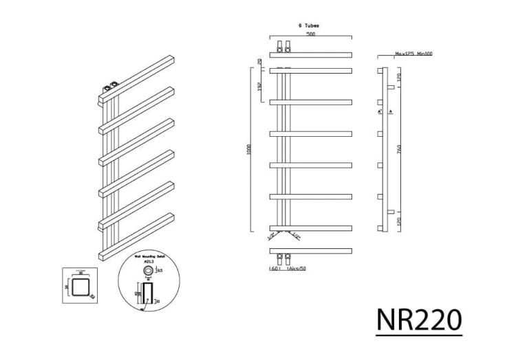 SIERRA Grzejnik łazienkowy stal nierdzewna szczotkowana 213 W 500x1000 mm NR220 - rysunek techniczny