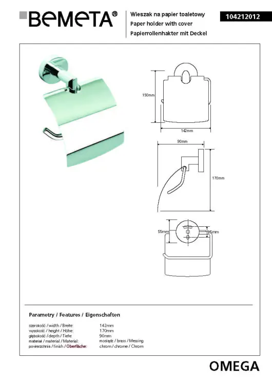 OMEGA Wieszak na papier toaletowy z pokrywą 104212012, wymiary