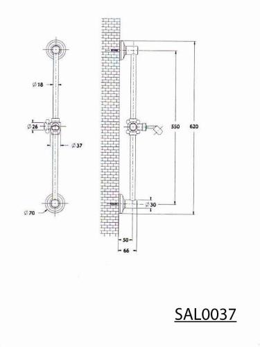 ANTEA Drążek prysznicowy 60 cm, różowe złoto  - rysunek techniczny