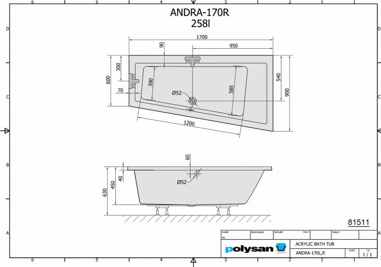 ANDRA Wanna akrylowa asymetryczna 170x90 cm (prawa) 81511 rysunek techniczny