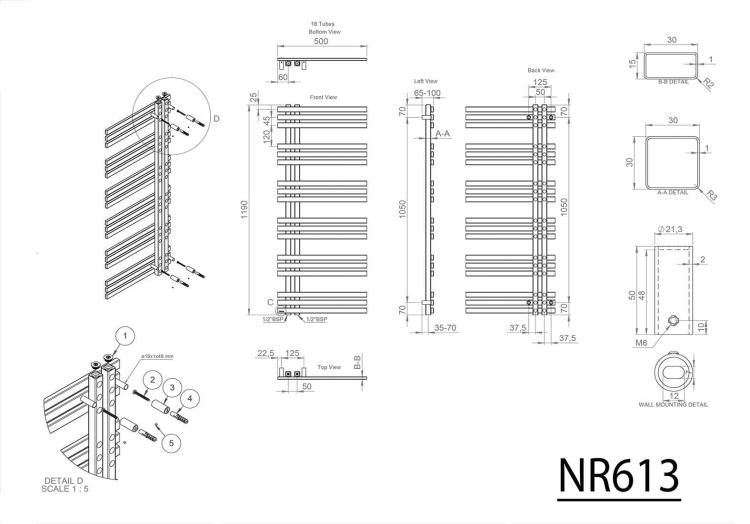 VISTA Grzejnik łazienkowy dekoracyjny stal nierdzewna szczotkowana 307 W 500x1190 mm NR613- rysunek techniczny
