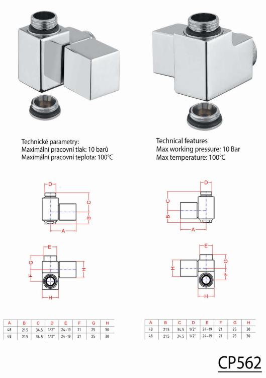 CUBE COMBI zestaw zaworów grzejnikowych 1/2", kątowy, prawy, nierdzewna szczotkowana CP562S  - rysunek techniczny