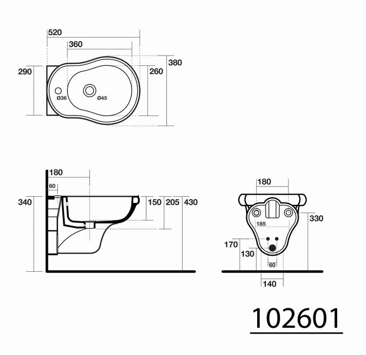 RETRO Bidet ceramiczny podwieszany 38x52 cm, z otworem na baterię 102601 rys.techniczny