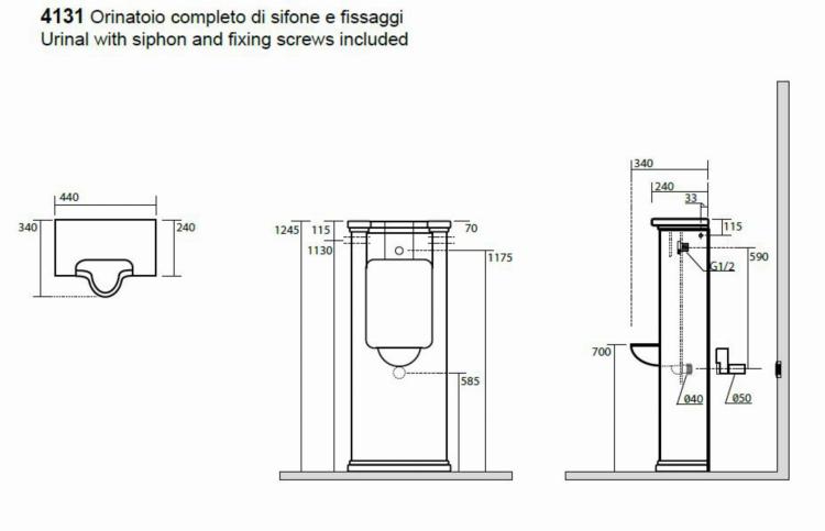 WALDORF Pisuar ceramiczny 44x124,5x34cm 413101 rysunek techniczny