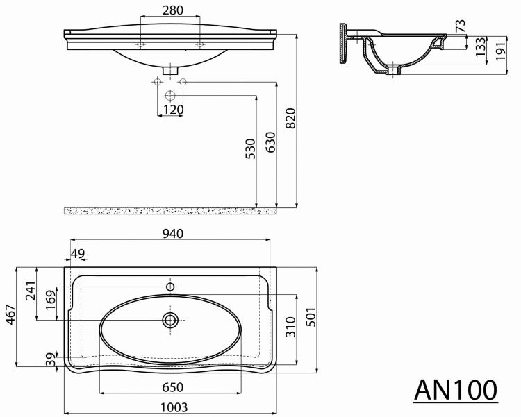 ANTIK Umywalka ceramiczna 100x50 cm biała AN100 rys. techniczny
