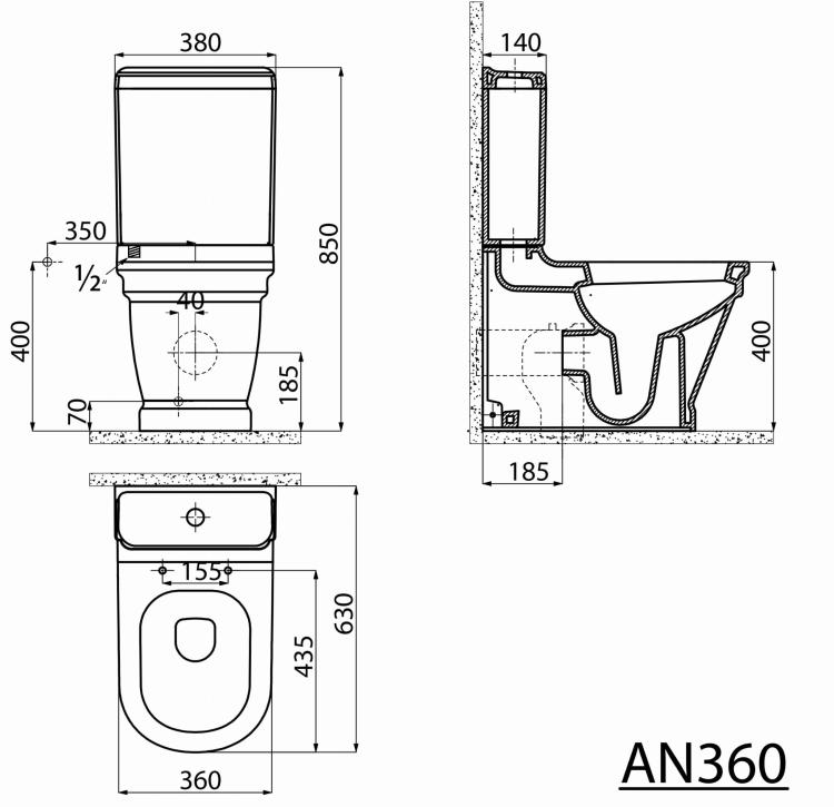 ANTIK Miska WC ceramiczna stojąca 37x63 cm odpływ poziomy AN360 rysunek techniczny