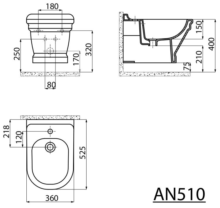 ANTIK Bidet ceramiczny podwieszany 36x53cm AN510 wymiary