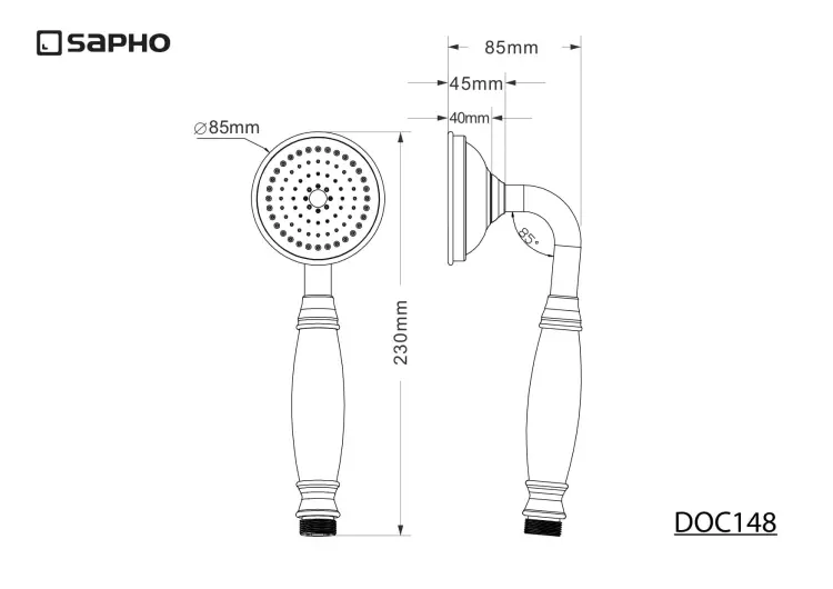 DREAMART Rączka prysznicowa 1-funkcyjna stal nierdzewna DOC148 - rysunek techniczny