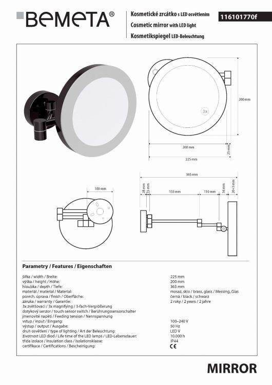 DARK Lusterko kosmetyczne z oświetleniem LED Ø200 mm IP44 czarny mat, 116101770, rysunek techniczny